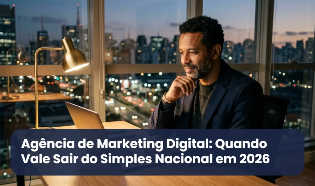 Dono de agência de marketing digital analisa gráficos financeiros no notebook à noite para decidir se vale sair do Simples Nacional