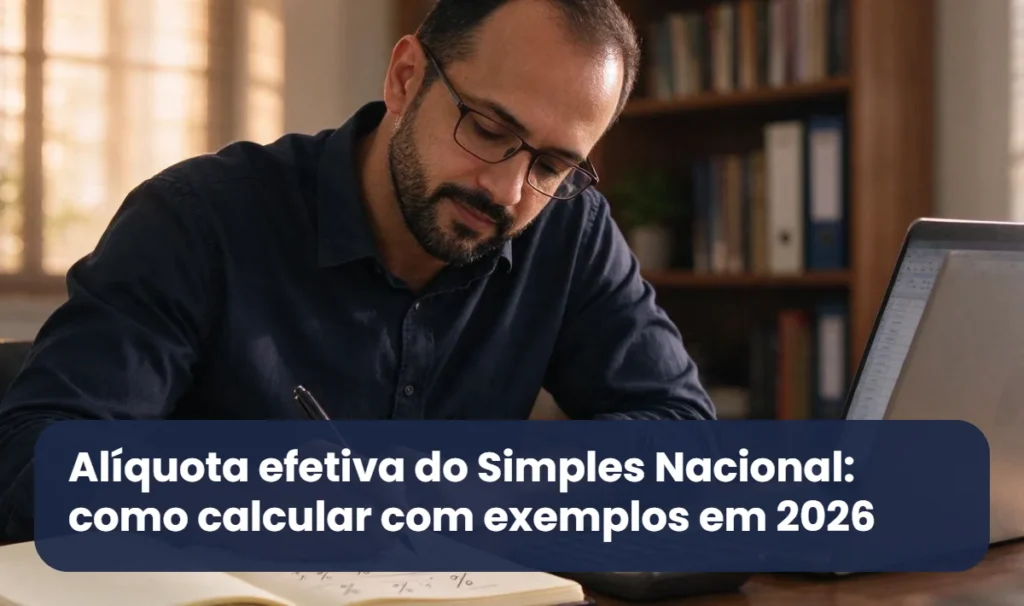 Contador anota cálculos de porcentagem no caderno para encontrar a alíquota efetiva do Simples Nacional