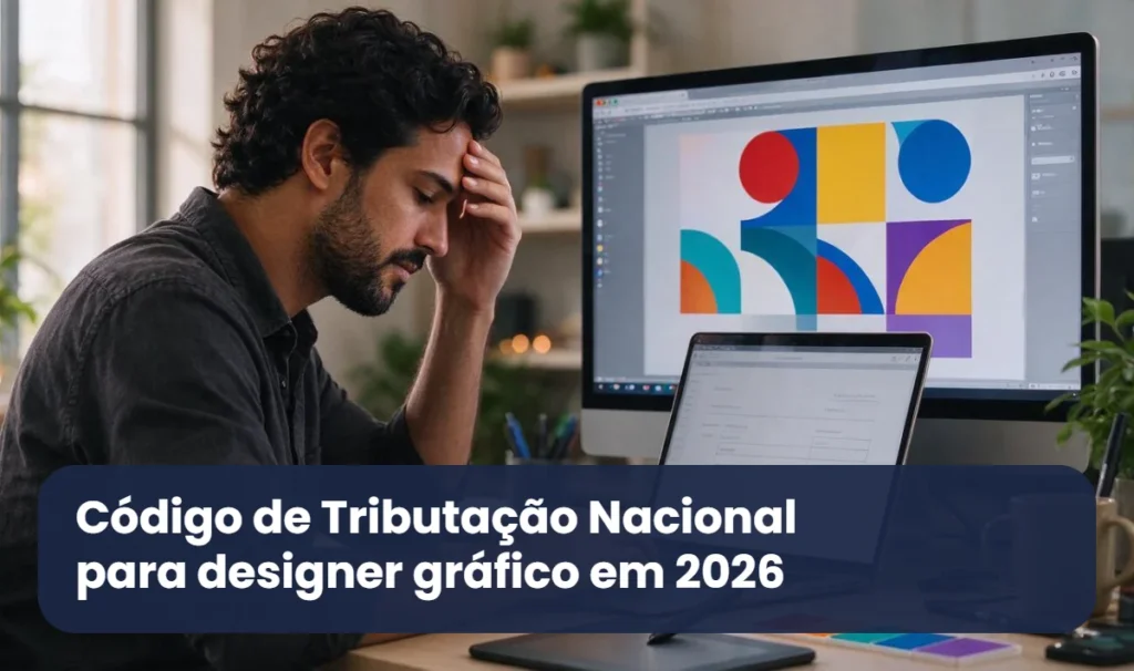 Designer gráfico em seu estúdio preenche a nota fiscal no notebook e confere o Código de Tributação Nacional