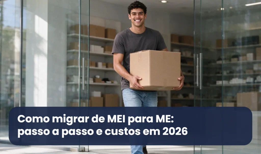 Jovem empreendedor carrega caixa para a nova loja maior, ilustrando como migrar de MEI para ME