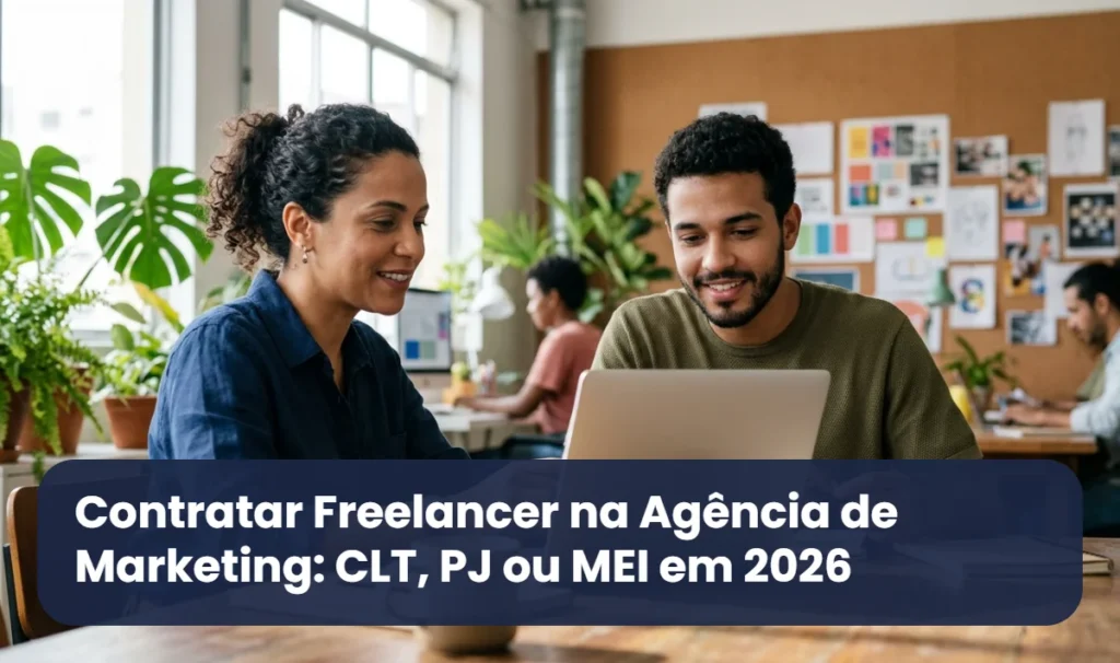 Gestora de agência de marketing conversa com designer freelancer sobre um projeto no notebook em um coworking