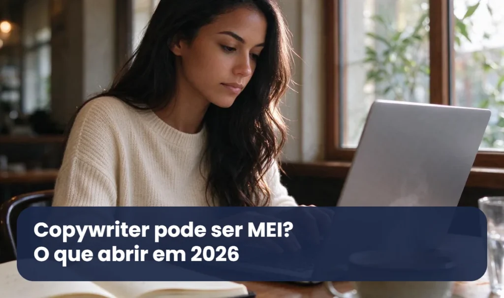 Copywriter escreve no notebook em uma cafeteria, com caderno de anotações e café ao lado