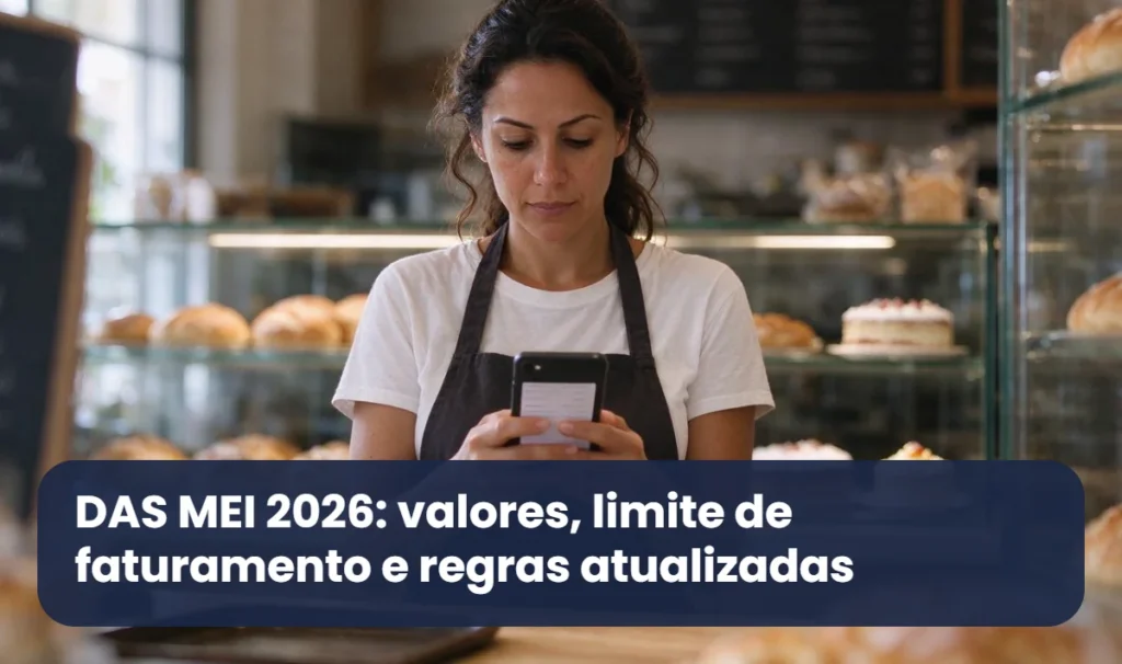 Dona de padaria MEI confere no celular a guia do DAS MEI de 2026 atrás do balcão
