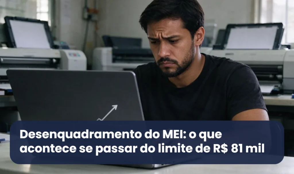 Dono de gráfica MEI preocupado ao ver o faturamento passar do limite no notebook, ilustrando o desenquadramento do MEI