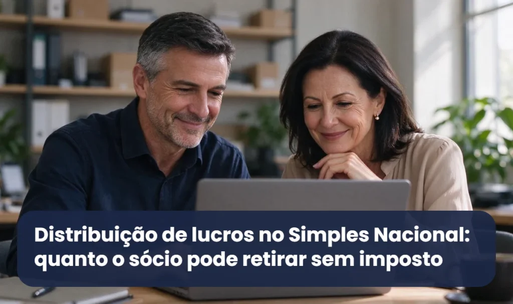 Sócios de uma pequena empresa analisam juntos o relatório de lucros no notebook, sobre a distribuição de lucros no Simples Nacional