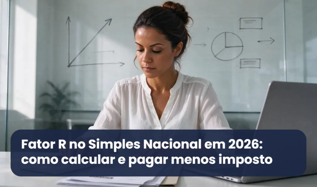 Empresária calcula o Fator R do Simples Nacional com calculadora e documentos da folha de pagamento