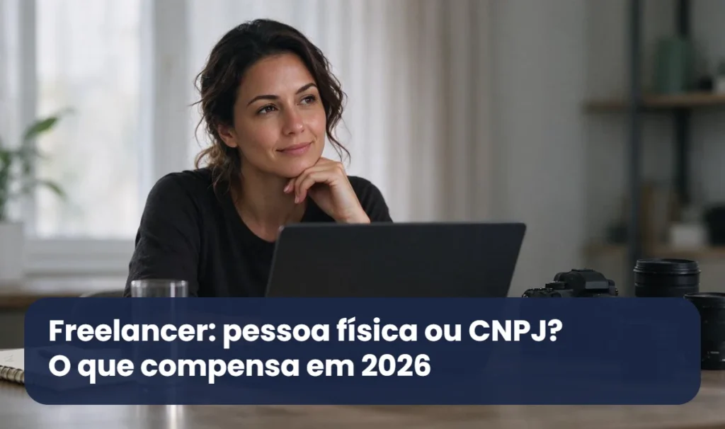 Fotógrafa freelancer pensativa diante do notebook, com câmera e lentes na mesa, decidindo entre pessoa física ou CNPJ