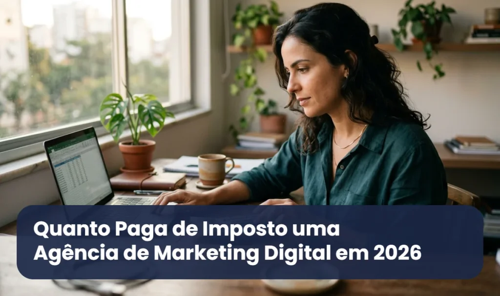 Empresária calcula o imposto da agência de marketing digital com calculadora e planilha no notebook