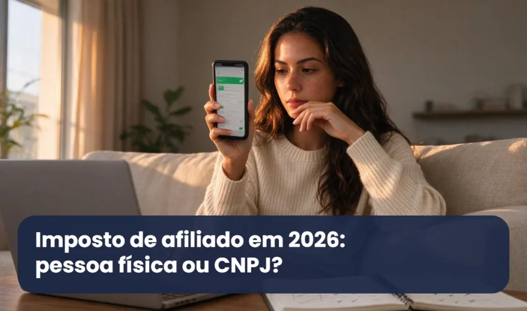Afiliada confere notificações de vendas no celular e calcula o imposto de afiliado como pessoa física ou CNPJ
