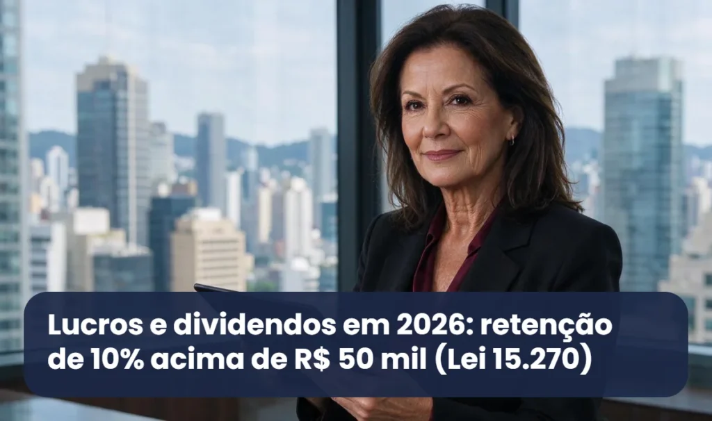 Empresária analisa relatório de lucros e dividendos no tablet em escritório com vista para a cidade