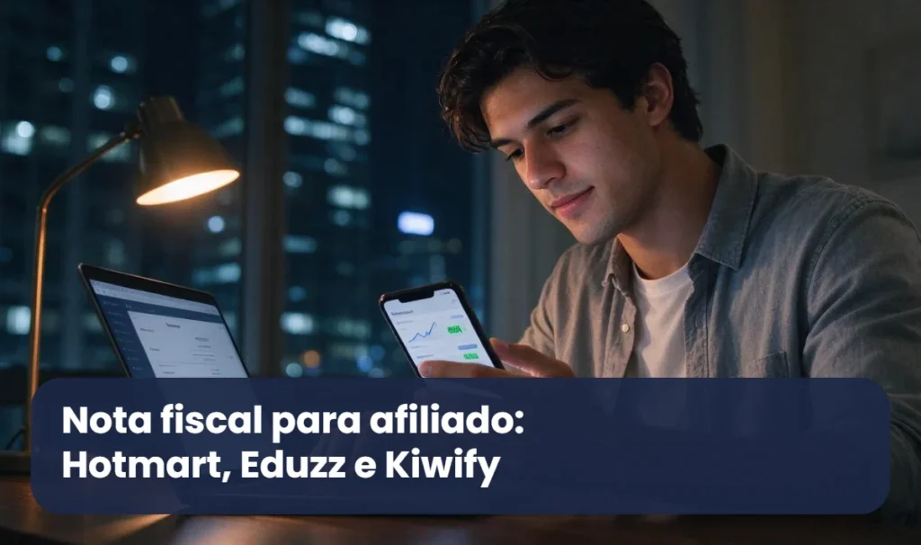Afiliado digital confere as comissões no celular e emite a nota fiscal para afiliado no notebook à noite