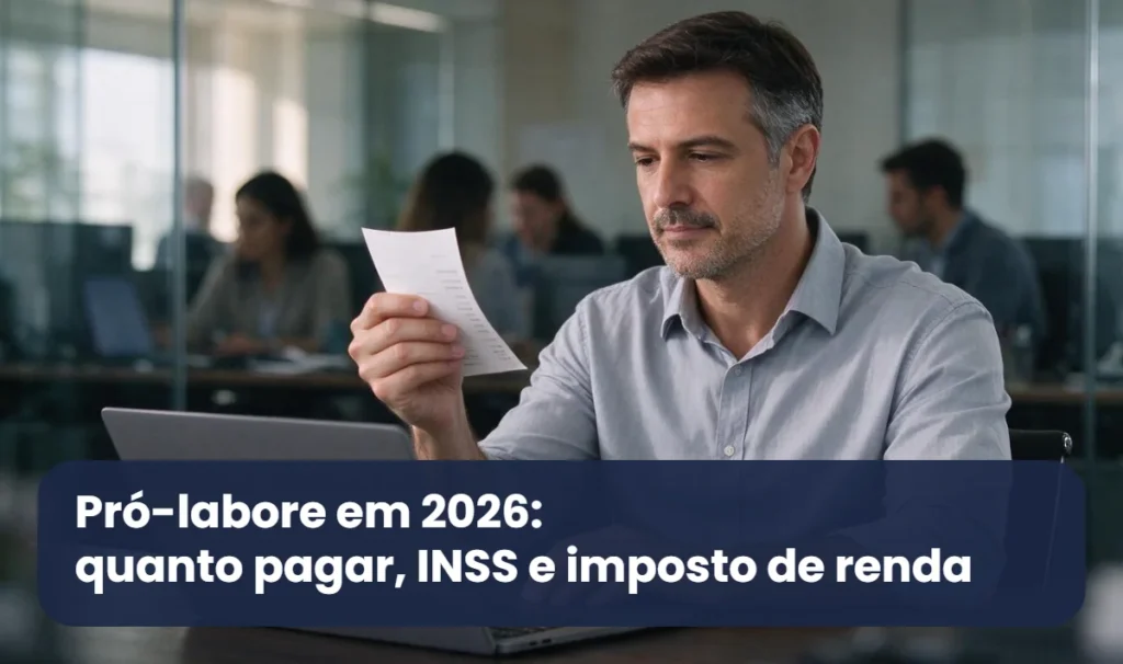 Sócio de empresa confere o holerite do pró-labore no escritório, com equipe trabalhando ao fundo
